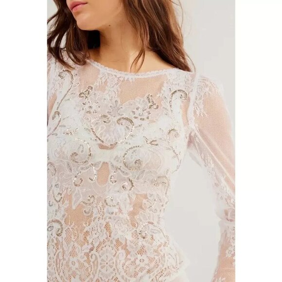 NWOT Free People x Intimately WOMEN'S BODYSUIT M Ready To Party LACE SEQUIN - Picture 2 of 16